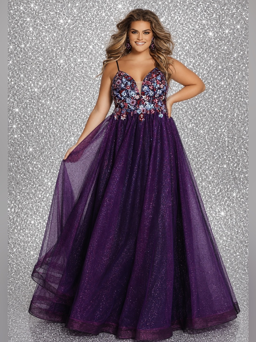 Sydney's Closet TE2101 Purple Floral A-Line Formal Prom Dress Size 16 NWT